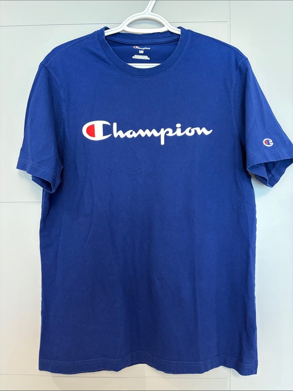 Champion Royal Blue Tee with Red & White Script Logo